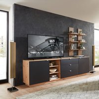 TV Sideboard Set mit Wandregalen Fernsehschrank Eiche mit schwarz, Breite 240 cm CUST-36