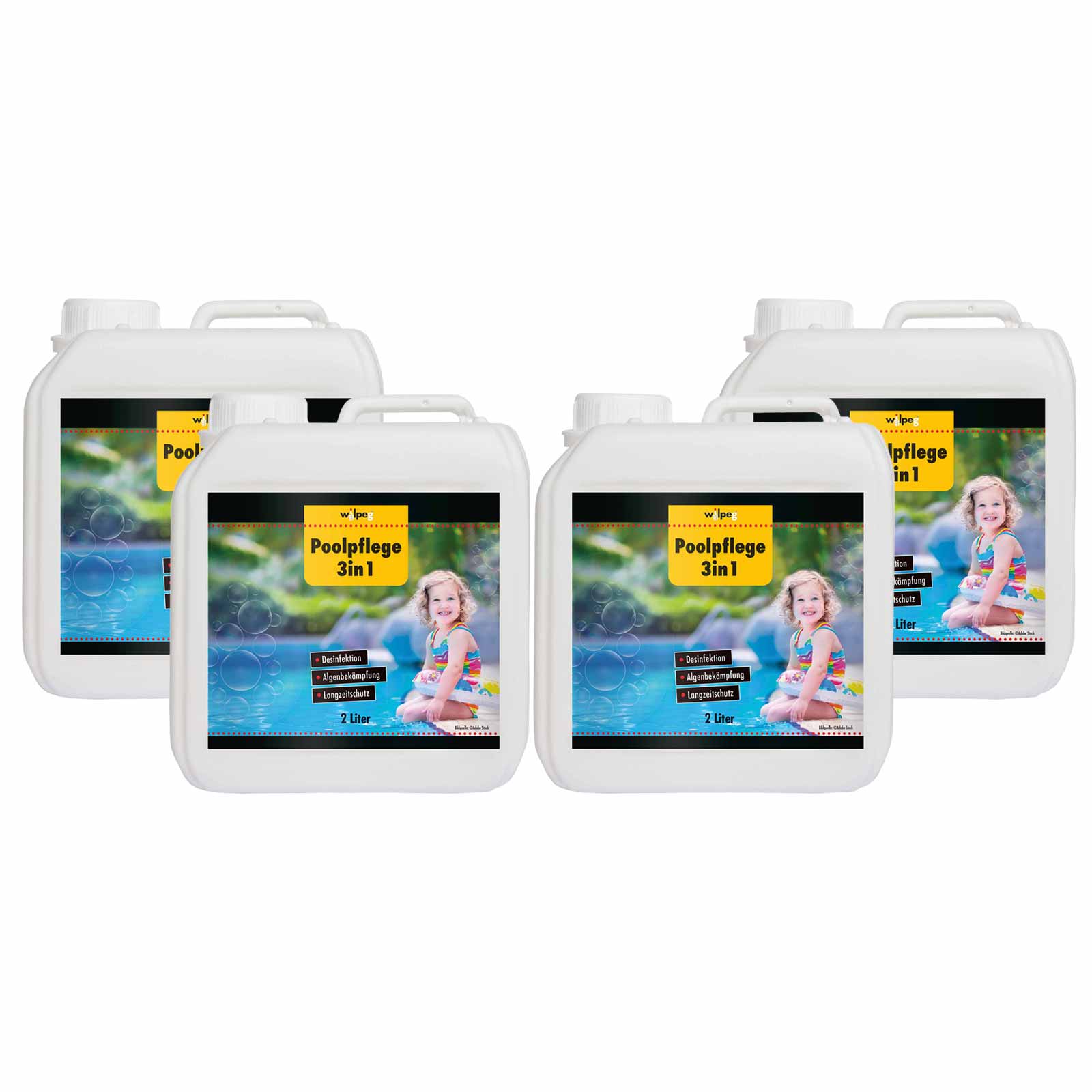 Wilpeg Poolpflege 3in1 2 Liter, Chlor Desinfektion, Algenentferner, Langzeitschutz, für Pools und Planschbecken