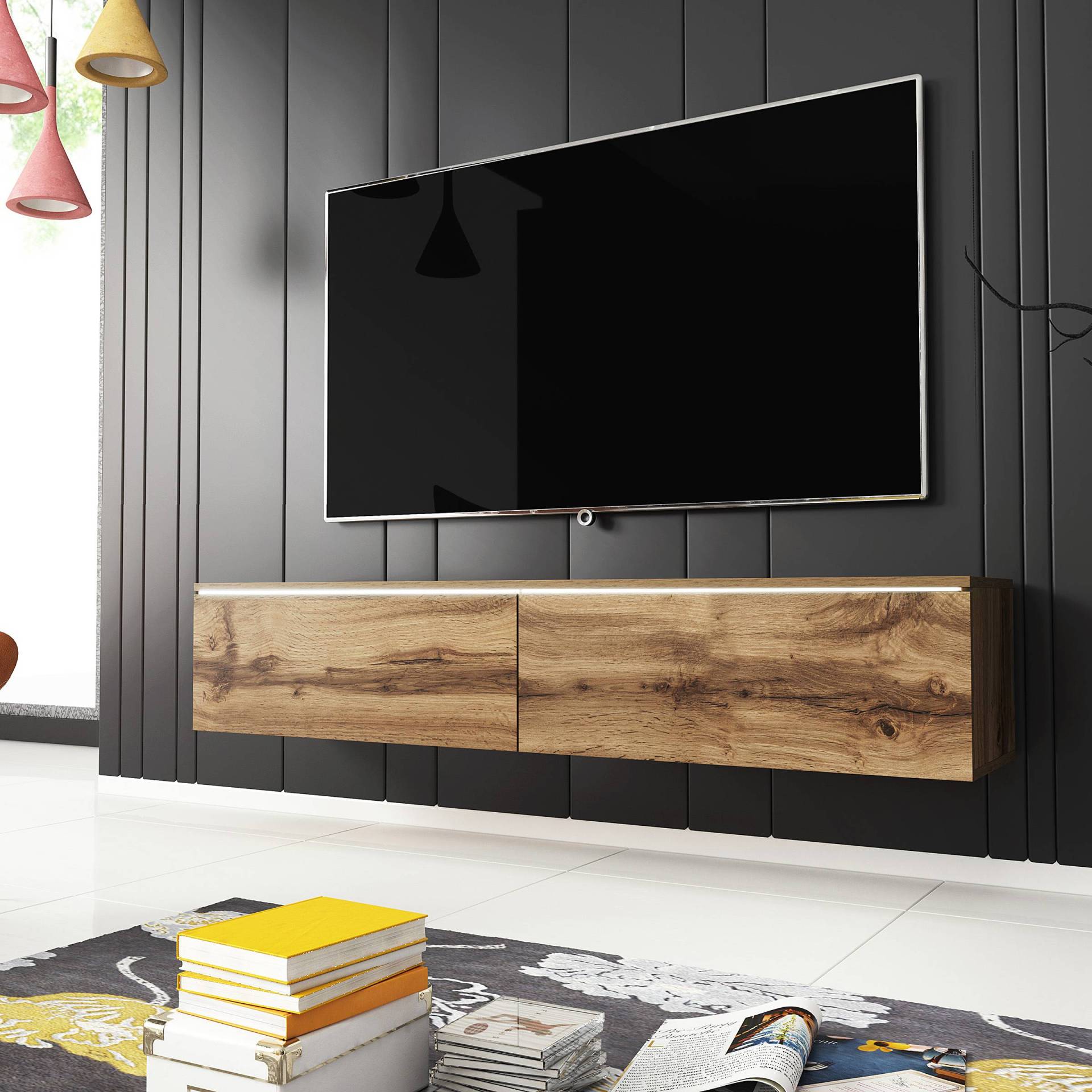 home24 Beleuchtetes TV-Lowboard Minnas - 140 cm Spanplatte, beschichtet Braun/Wotaneiche Dekor 140 x 30 x 33cm home24 Beleuchtetes TV-Lowboard Minnas - 140 cm Spanplatte, beschichtet Braun/Wotaneiche Dekor 140 x 30 x 33cm von home24