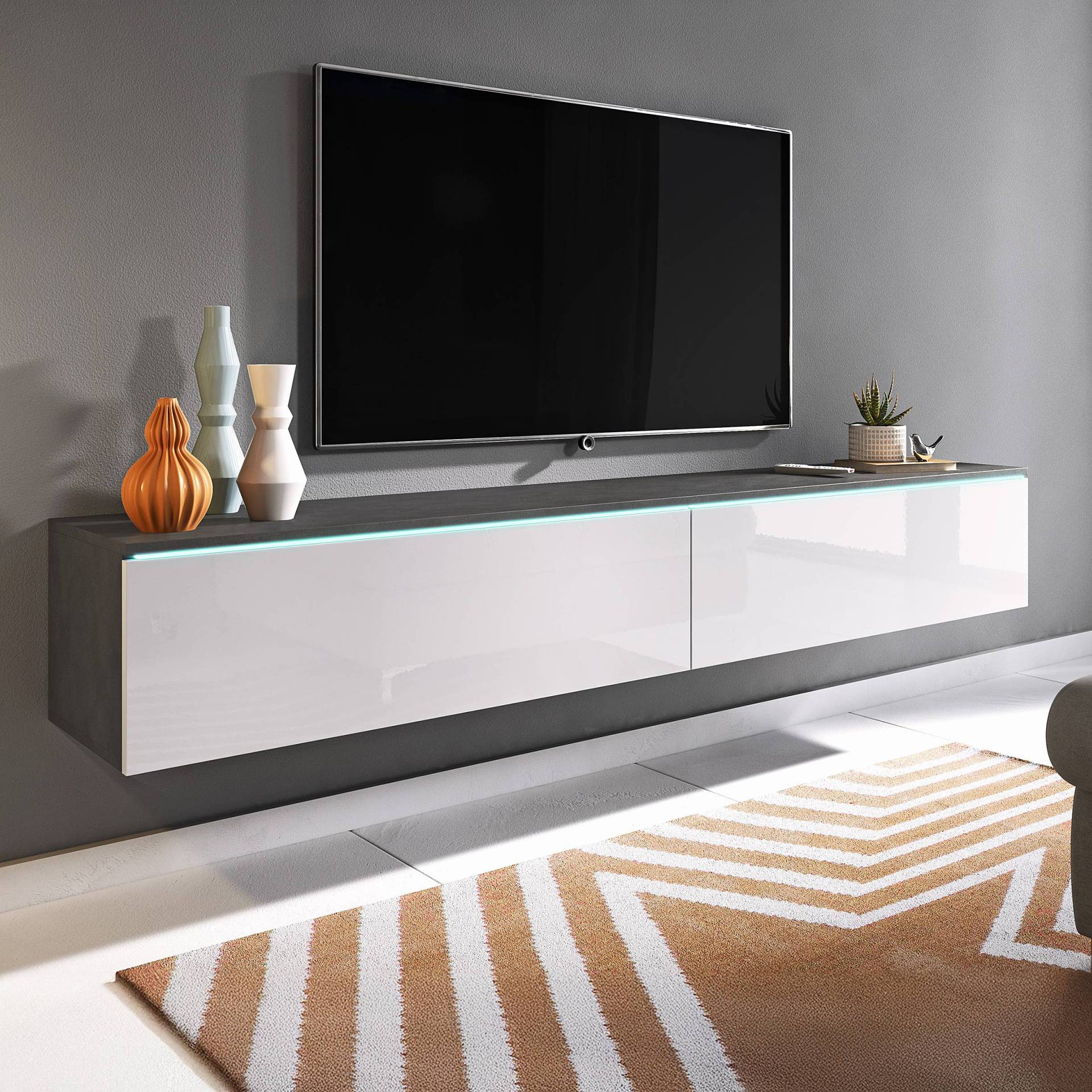 home24 Beleuchtetes TV-Lowboard Minnas - 180 cm Spanplatte, beschichtet Grau/Weiß/Hochglanz Weiß/Anthrazit 180 x 30 x 33cm home24 Beleuchtetes TV-Lowboard Minnas - 180 cm Spanplatte, beschichtet Grau/Weiß/Hochglanz Weiß/Anthrazit 180 x 30 x 33cm von home24