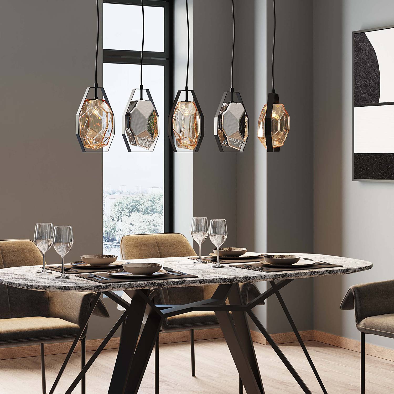 home24 Hängeleuchte Diamond Fever Dining 110 x 130 x 12cm Schwarz/Schwarz Schirm: Glas lackiert, Stahl lackiert, Baldachin: Stahl pulverbeschichtet G9 home24 Hängeleuchte Diamond Fever Dining 110 x 130 x 12cm Schwarz/Schwarz Schirm: Glas lackiert, Stahl lackiert, Baldachin: Stahl pulverbeschichtet G9 von home24