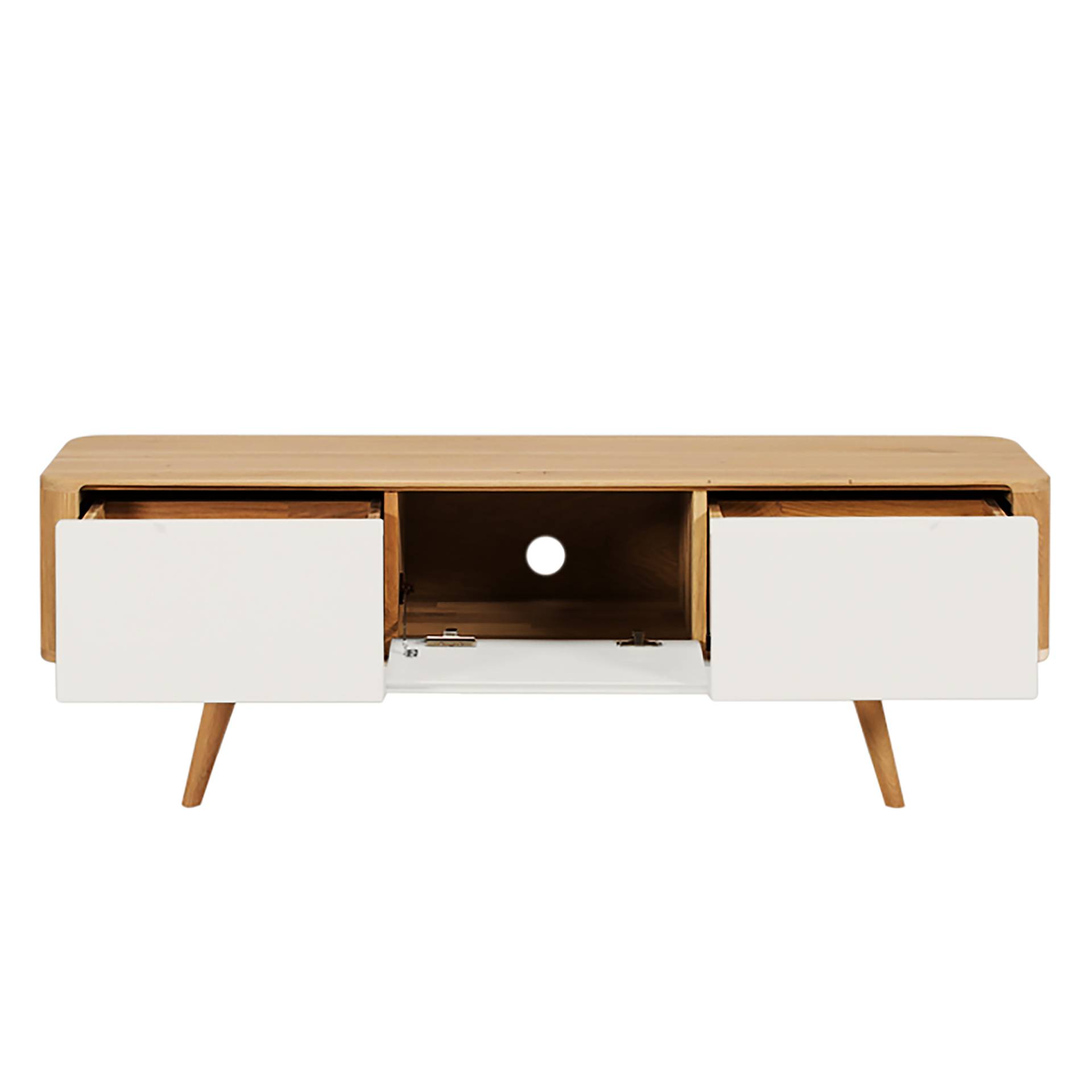 home24 TV-Lowboard Front: MDF Mitteldichte Holzfaserplatte , lackiert Korpus & Beine: Massivholz Wildeiche, geölt Braun/Muschelweiß/Wildeiche 135 x home24 TV-Lowboard Front: MDF Mitteldichte Holzfaserplatte , lackiert Korpus & Beine: Massivholz Wildeiche, geölt Braun/Muschelweiß/Wildeiche 135 x von home24