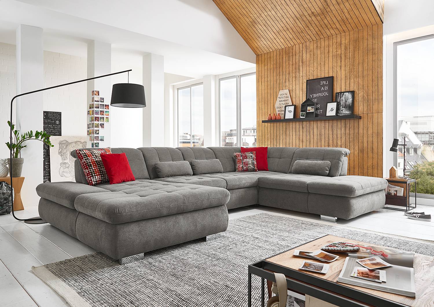 home24 Wohnlandschaft Calstar Grau Webstoff Porcia 382 x 84 x 260cm Longchair davorstehend links / Ottomane rechts mit Schlaffunktion Modern home24 Wohnlandschaft Calstar Grau Webstoff Porcia 382 x 84 x 260cm Longchair davorstehend links / Ottomane rechts mit Schlaffunktion Modern von home24