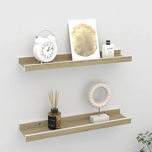 homiuse Wandregal 2 STK. Weiß und Sonoma-Eiche Wandregal Holz Wand BüCherregal Wandregal KüChe KüChenregal Wand Regale FüR WäNde Wandregal Kinderzimmer Wandboard Wall Shelf Bookshelf 40x9x3 cm von homiuse