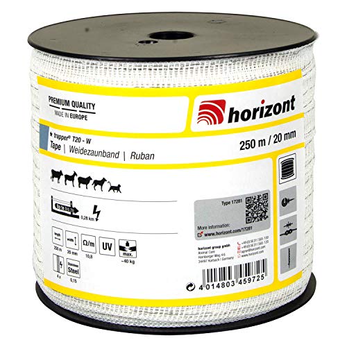 horizont Weidezaunband trapper T20-W 250 m lang, 20 mm breit, Breitband Litze, Weidezaun Strom, Elektrozaun, für kurze Zäune, 40 kg Bruchlast, Band, Litze Weidezaun von horizont