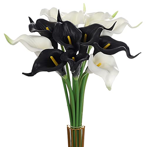 huaao 12 Stück Künstliche Calla Lilien Hochzeitsdeko Blumenstrauß Realistische Latex Wahre Blumenarrangements Dekoration Brauthochzeit Haus Partei Hotel DIY-Blumengestecke, Schwarz6+Weiß6 von huaao