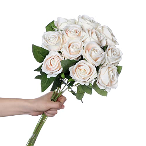 huaao 12 Stück Künstliche Rosen Seide Blumen, Hochzeitsarrangements Seidenrosen Single Stem Realistic Fake Rose Bouquet für Brautstrauss Hochzeitssträuße Dekoration, Champagne von huaao