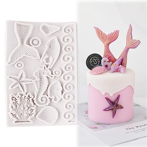 Silikonform Meerjungfrau Backform Fondantform, 3D Ozean Tier Neuheit Kuchenform, Silikon Mermaid Motivform, Muschelform Fondant Formen, Seifeform,Backformen für Kuchen,Pudding,Schokolade,SüßIgkeiten von huit