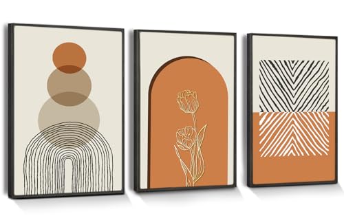 hyidecorart Boho Bilder Mit Rahmen Schwarz, Bögen und Linien Orange Abstract Runden Nordische Minimalistisch Modern Blumen Wandbilder Wohnzimmer Schlafzimmer Küche Esszimmer Büro und Badezimmer von hyidecorart