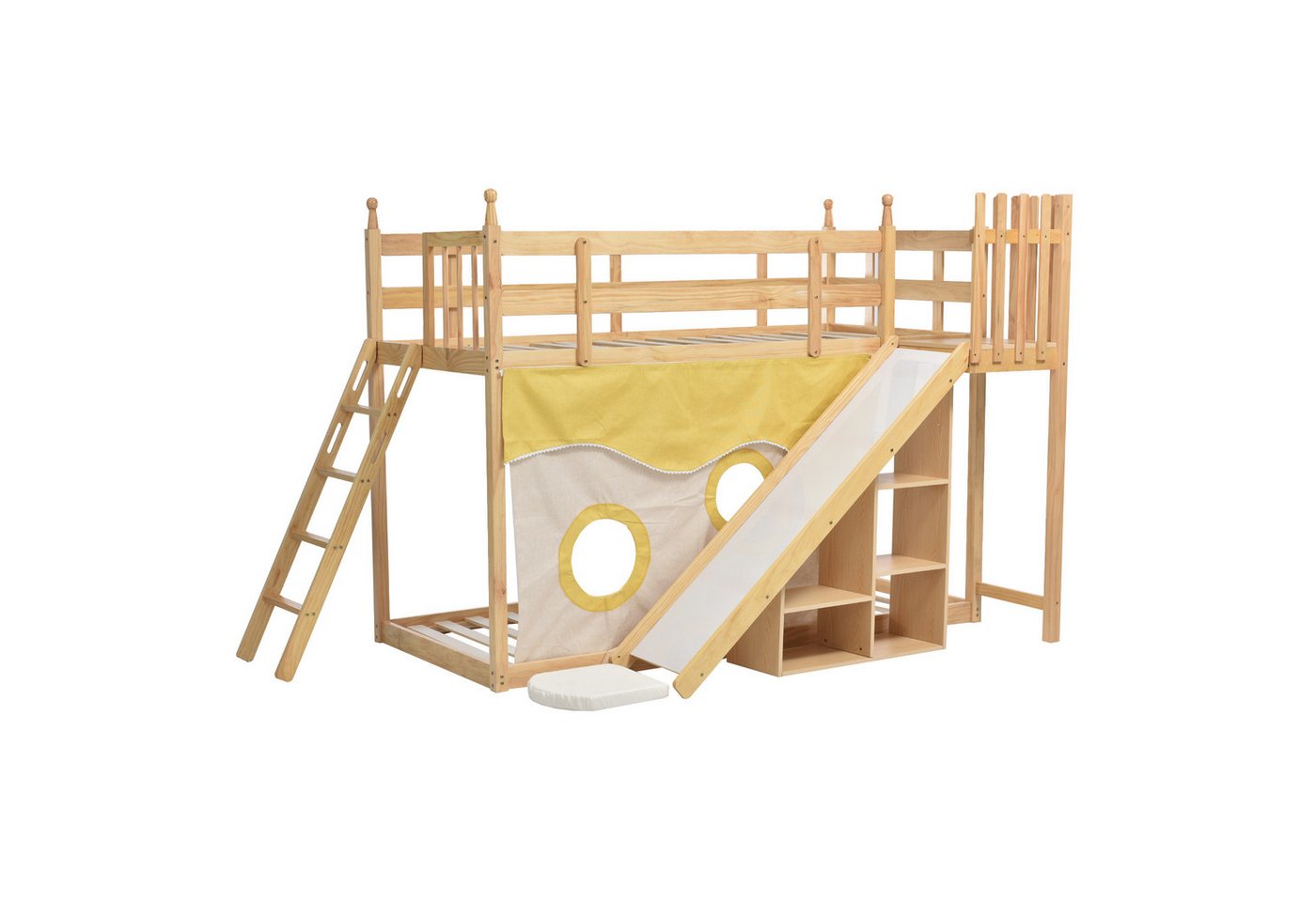 i@home Etagenbett Holzbett mit Treppe und Zäune, mit Bettvorhang, Rutsche und Regal, (1-Set), Kinderbett mit Fallschutz und Gitter, Natur (90x200cm) von i@home