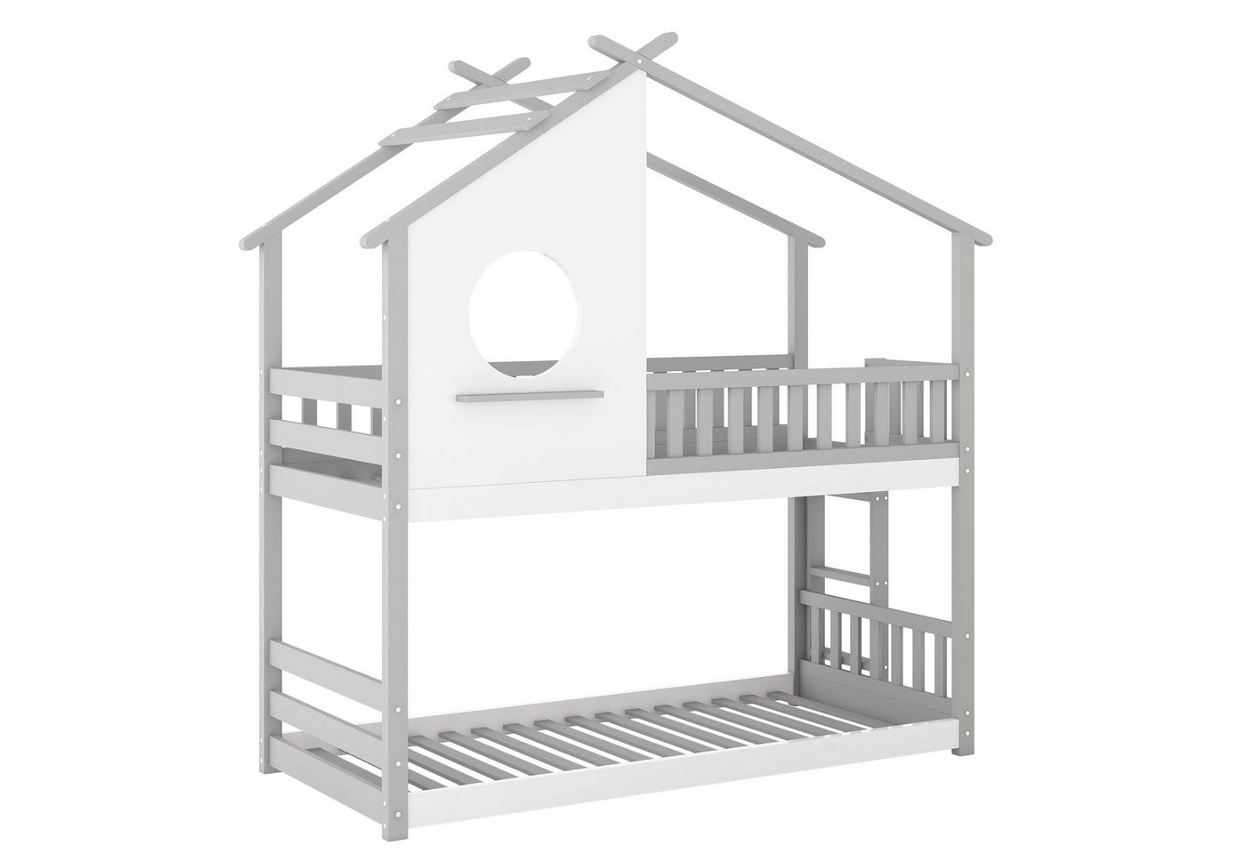 i@home Etagenbett mit rechtwinkliger Leiter, Hausbett, Kinderbett, (1-Set), mit Fallschutz und Barriere, grau, weiß (90x200cm) von i@home