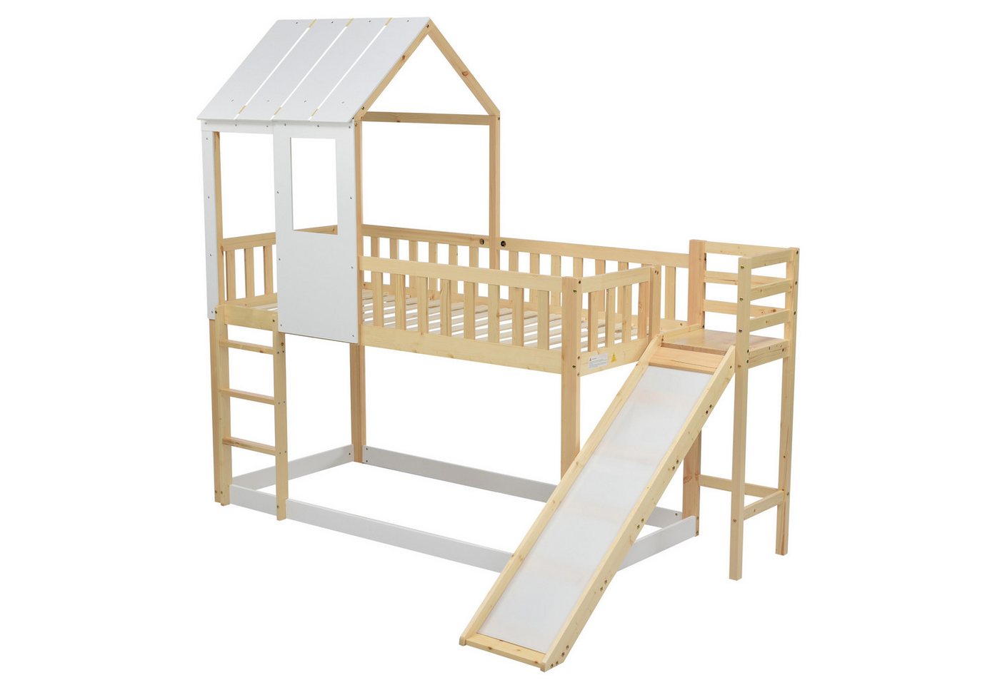 i@home Etagenbett mit rechtwinkliger Leiter und Rutsche, Hausbett mit Dach und Fenster, (1-Set), Kinderbett mit Fallschutz und Gitter, Natur+Weiß (90x200cm) von i@home