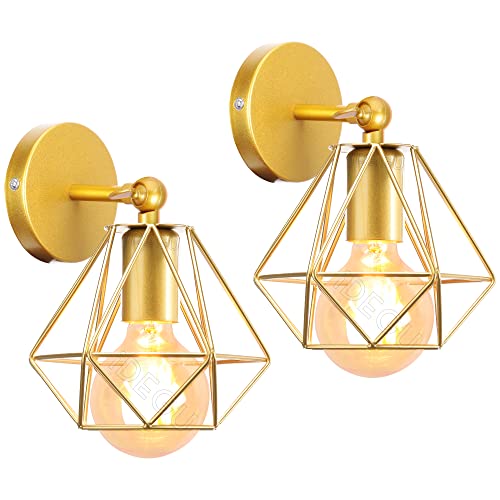 iDEGU 2 Stück Wandleuchten, Vintage Wandlampe Innen im Industrie Design 16cm Käfig Lampenschirm Gold aus Metall Verstellbare Deckenleuchte Wandleuchte für Schlafzimmer Küche Flur Wohnzimmer von iDEGU