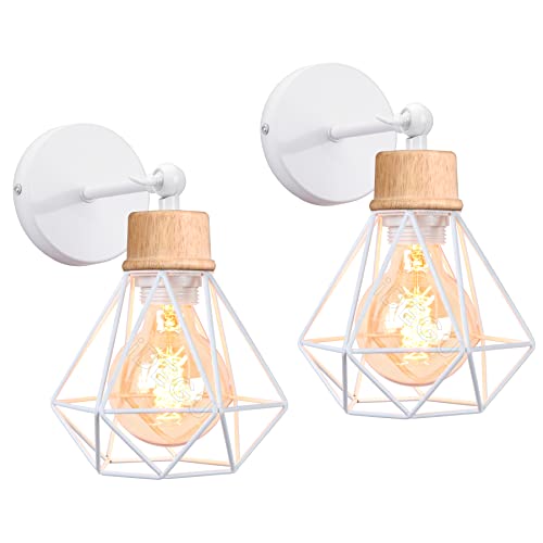 iDEGU 2 Stück Wandleuchten, Vintage Wandlampe Innen im Industrie Design 16cm Käfig Lampenschirm Weiß aus Metall und Holz Verstellbare Deckenleuchte Wandleuchte für Schlafzimmer Küche Flur iDEGU 2 Stück Wandleuchten, Vintage Wandlampe Innen im Industrie Design 16cm Käfig Lampenschirm Weiß aus Metall und Holz Verstellbare Deckenleuchte Wandleuchte für Schlafzimmer Küche Flur von iDEGU