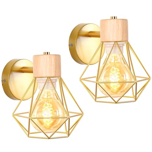 iDEGU 2 Stücke Vintage Wandlampe 16CM Wandleuchte Industrial Design Geometrischem Käfig Lampenschirm Retro Lampe aus Holz Eisen Verstellbare Deckenleuchte Wandleuchte für Wohnzimmer Flur (Typ-B Gold) von iDEGU