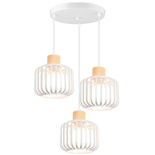 iDEGU 3-flammig Pendelleuchte Retro Vintage Hängelampe aus Holz Metall Industrie Lampe Käfig Lampenschirm E27 Deckenleuchte Moderne Hängeleuchte für Wohnzimmer Küche Esszimmer Cafe (Rondell, Weiß) iDEGU 3-flammig Pendelleuchte Retro Vintage Hängelampe aus Holz Metall Industrie Lampe Käfig Lampenschirm E27 Deckenleuchte Moderne Hängeleuchte für Wohnzimmer Küche Esszimmer Cafe (Rondell, Weiß) von iDEGU