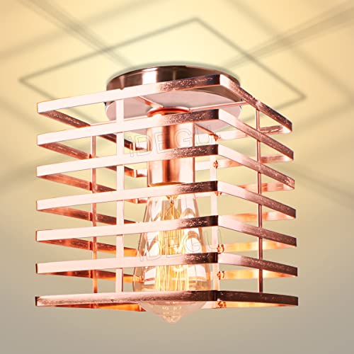 iDEGU Deckenleuchte 16cm Industrial Design Würfel-Käfig Lampenschirm aus Eisen Vintage Lampe E27 Deckenlampe für Schlafzimmer Küche Flur (Roségold) von iDEGU