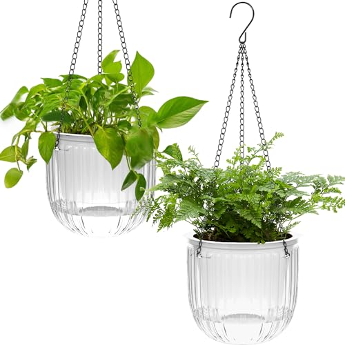 iDattel 2er Set Selbstbewässernd Blumenampel Hängeampel Blumentopf Pflanzen,16.5cm Indoor hängende Blumentöpfe mit 3Hooks Entwässerungslöcher für Innen Außen Decken Balkone Wanddekoration（weiß） von iDattel