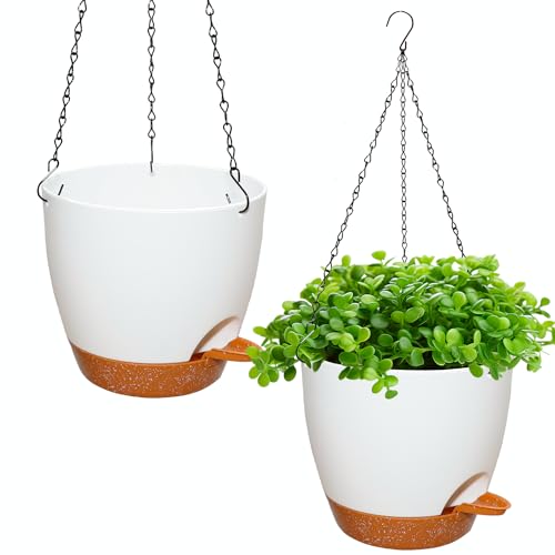 iDattel Blumentopf hängend Mit Bewässerungssystem,2er Set 20.5cm Blumenampel Plastik außen innen,Selbstbewässernd hängetopf für Pflanzen mit 3Hook für Innen Außen Decken Balkone Wanddekoration(Weiß) von iDattel