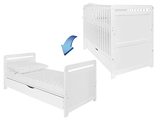 iGLOBAL 2-in-1 Babybett Gitterbett Kinderbett mit Matratze höhenverstellbar umbaubar zum Juniorbett Unterbettschublade 120x60 cm von iGLOBAL