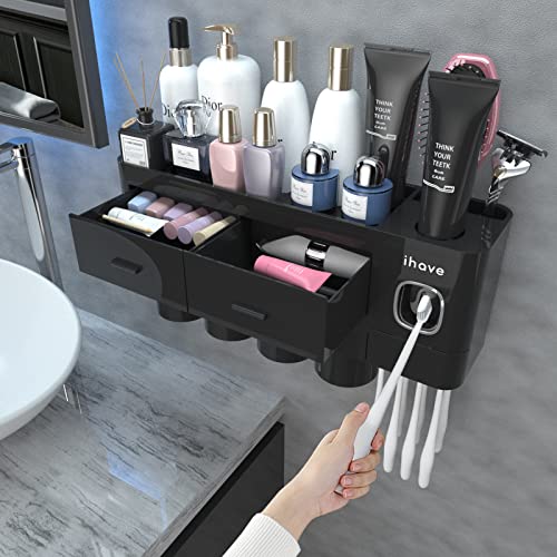 iHave Zahnbürstenhalter Wand mit Zahnpastaspender, 4 Becher Toothbrush Holder mit Zahnpasta Spender Automat, großer Kapazität Zahnbürsten Halter Badezimmer Organizer & Aufbewahrung von ihave