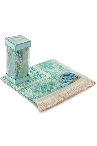 Muslimische Gebetspuppteppich und Gebetsperlen mit eleganter Geschenkbox | Janamaz | Sajadah | Weicher islamischer Gebetsteppich | Islamische Geschenke Set | Gebets Teppichmatte, Taft Stoff, blau von ihvan online
