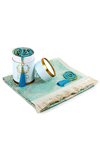 Muslimische Gebetsteppich und Gebetskette mit elegantem Zylinder Geschenkbox | Janamaz | Sajjadah | Weiche islamischen Gebetsteppich | Islamische Geschenke Set | Gebet Teppich Matte, Taft Stoff, Blau von ihvan online