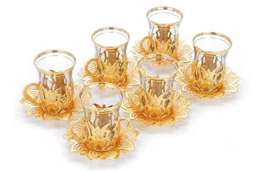 Türkisches Nostalgisches Teegläser und Untertassen Set für 6 Personen, luxuriöses türkisches Teeset, 12-teiliges schickes Teegläser-Set, perfektes Vintage-Einweihungsgeschenk, Farbe: Gold von ihvan online