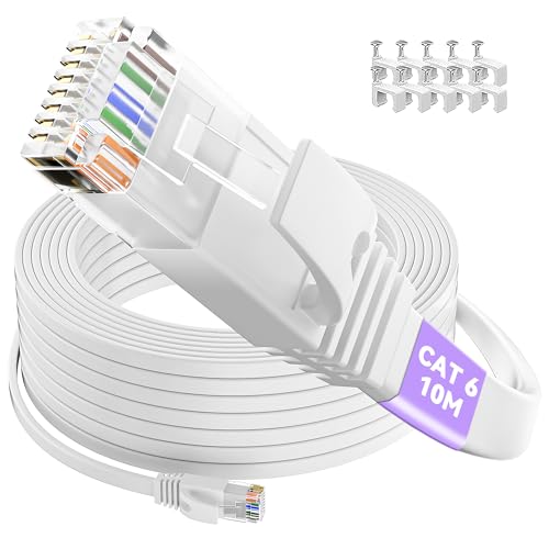 LAN Kabel 10 meter Flach, Cat 6 Netzwerkkabel Hochgeschwindigkeits 1000Mbps 250MHz, Indoor Kabel RJ45 10m Weiß Ethernet Kabel, Gigabit Internet Kabel UTP Datenkabel für Router Switch PS4/5(5 Clips) von ikbc