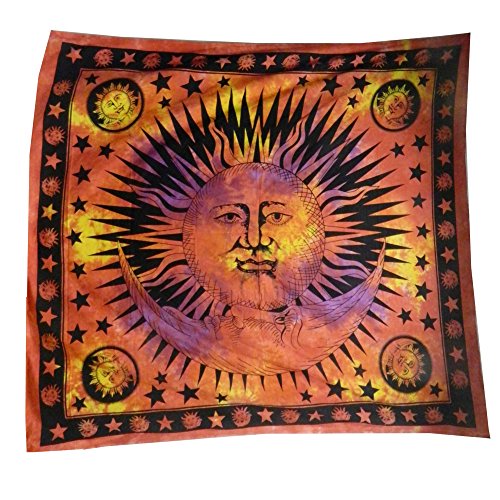 Tagesdecke Sonne Halbmond rot indische Decke aus Baumwolle Überwurf Wandbehang 230 x 210 cm von indischerbasar.de