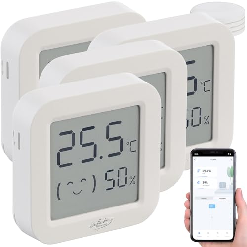 infactory Mini Thermometer: 4er-Set Mini-Thermo-/Hygrometer, Komfort-Anzeige, LCD, Bluetooth, App (Digitale Temperaturanzeige, Innenraum Thermometer, Feuchtigkeit) von infactory