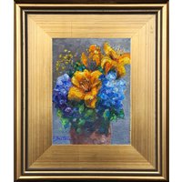 Daylilies Hortensie Malerei, Original Ölgemälde, Sommer Blumen Portrait Stillleben, Kleines Gemälde Mit Goldrahmen, Impressionist von ingridspaintings