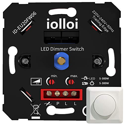 iolloi Dimmschalter, LED Dimmer Schalter Unterputzdosen Drehdimmer für Dimmbare LED/Halogen-Leuchtmittel, Dimmer für LED Lampen, 230V, 5–300W (Mit Abdeckung & Mit Klemmkrallen, LED 300W) von iolloi