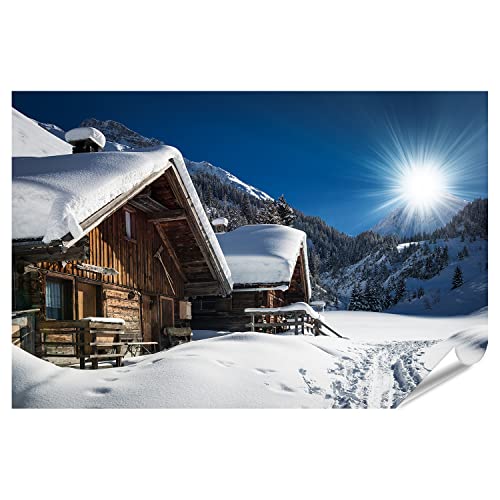 islandburner Bild Poster Winter Ski Chalet Hütte mit viel Schnee Sonnenstrahlen Premium Bilder auf Foto Papier von islandburner