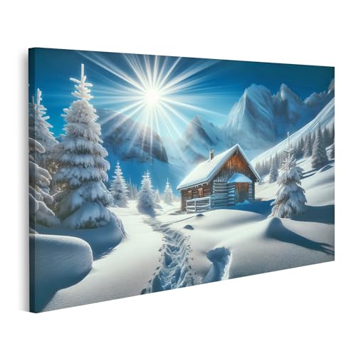 islandburner Bild auf Leinwand Verschneite Berghütte unter strahlender Sonne in idyllischer Winterlandschaft Bilder Wandbilder Poster von islandburner