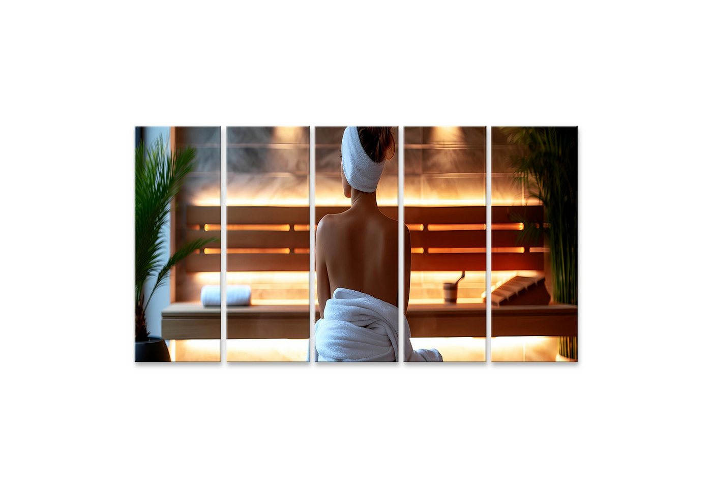 islandburner Leinwandbild Silhouette einer Frau mit Handtuch im Rücken in Sauna Wellnessbereich von islandburner
