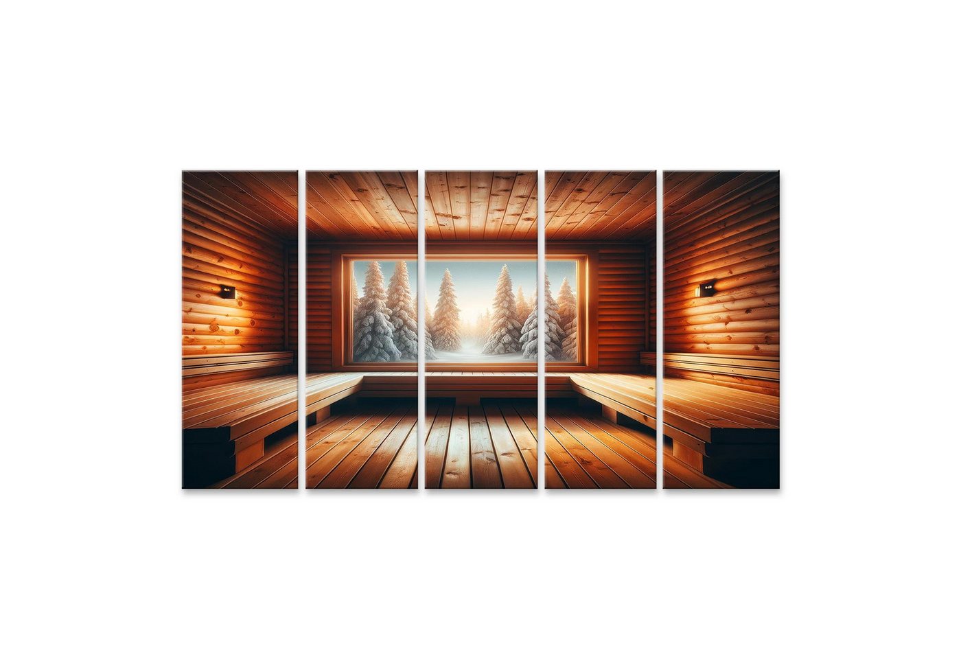 islandburner Leinwandbild Warme finnische Sauna mit Winterlandschaft im Fenster von islandburner