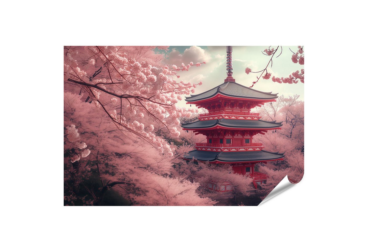 islandburner Poster Rote Pagode in Japan, umrahmt von blühenden Sakura-Bäumen im Frühling von islandburner