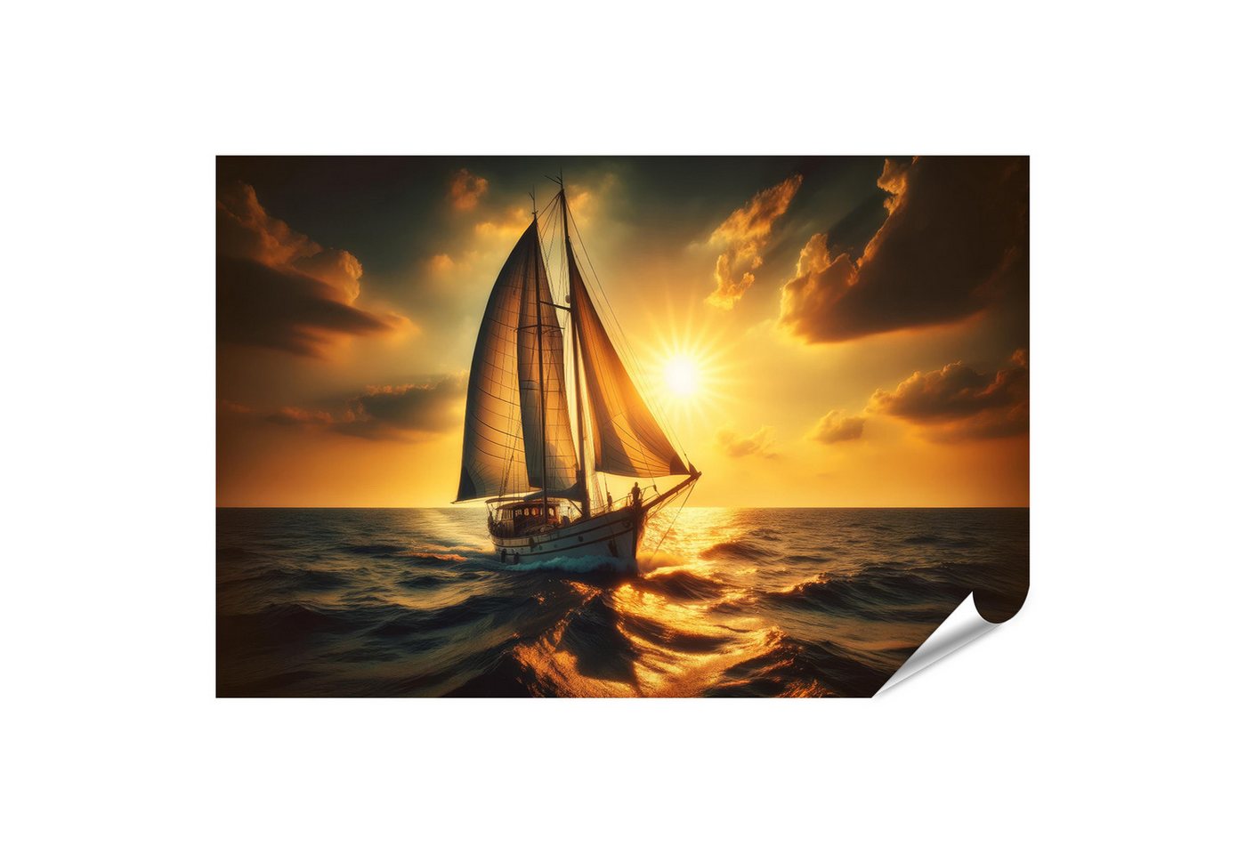 islandburner Poster Segelboot orangefarbener Sonnenuntergangshimmel von islandburner