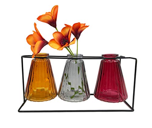 3er Set Vase Glasflasche mit Metallständer im Vintage Look H: 10cm - als Vasen Set, Tischdeko etc. von itsisa