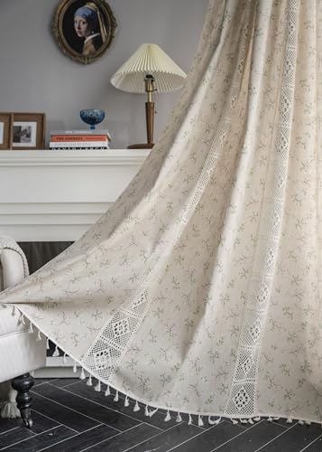 iyoimono Boho Vorhänge 2er Set Beige Blumen Vintage Vorhänge Landhausstil Häkeln Stricken Gardinen,Baumwolle Leinen Quaste Transluzente Vorhang für Küche Wohnzimmer Schlafzimmer,B150×H200cm von iyoimono