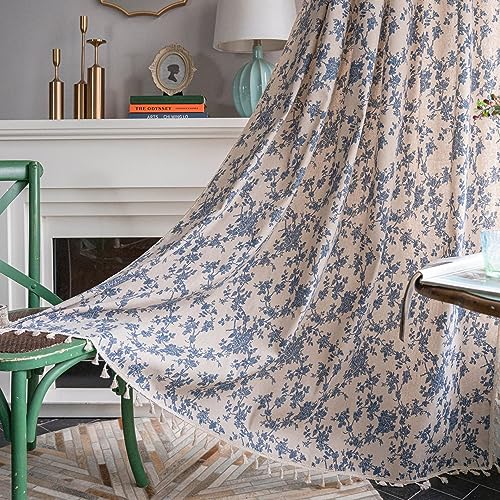 iyoimono Boho Vorhänge Beige Blaue Blumen Blickdicht Gardinen mit Quaste Baumwolle Leinen Landhausstil Häkeln Stricken Gardinen Vorhang für Küche Wohnzimmer Schlafzimmer,2 Stück,150x200cm von iyoimono