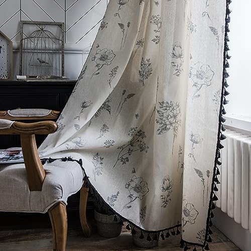 iyoimono Boho Vorhänge Beige Schwarz Blumen Blickdicht Gardinen mit Quaste Baumwolle Leinen Landhausstil Häkeln Stricken Gardinen Vorhang für Küche Wohnzimmer Schlafzimmer,2 Stück,150x160cm von iyoimono