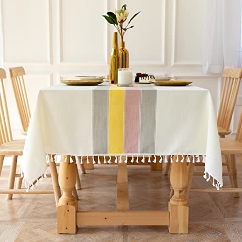 jia cool Abwaschbare Tischdecke aus Baumwollleinen, knitterfrei, mit Quaste, ideal für länglichen Tisch, Küche, Esstisch-Dekoration (99 x 150 cm), gestreift gelb von jia cool