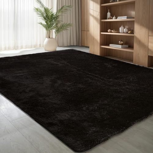 jianandi Teppich Wohnzimmer, Flauschig Weich Teppiche für Schlafzimmer, Hochflor Waschbarer Bettvorleger, Carpet Relax für Living Room und Bedroom, Schwarz, 120 x 170 cm von jianandi