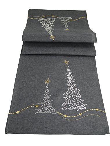 khevga Tischläufer Tischdecke Weihnachten modern in Grau mit Stickerei Gold Silber (Grau_Baum) von khevga