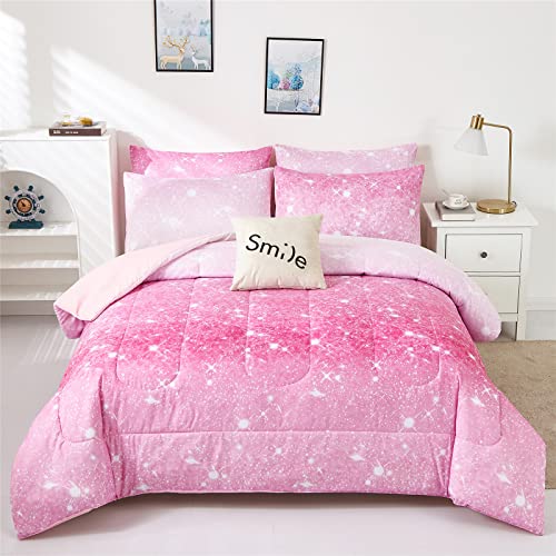 kiddiku Rosa Glitzer-Bettdecken-Set für Mädchen, Funkelnde Galaxie-Twinkle Sternenlicht-Bettdecke für Kinder und Jugendliche, 2-teiliges rosa Ombré-Pastell-Bettwäsche-Set mit 2 Kissenbezügen (rosa) kiddiku Rosa Glitzer-Bettdecken-Set für Mädchen, Funkelnde Galaxie-Twinkle Sternenlicht-Bettdecke für Kinder und Jugendliche, 2-teiliges rosa Ombré-Pastell-Bettwäsche-Set mit 2 Kissenbezügen (rosa) von kiddiku