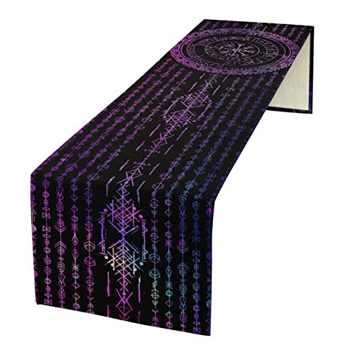 kikomia Baumwolle Leinen Wikinger Tischläufer Rechteckige Wikinger Futhark Runen Tischdecke Kommode Schal für Hochzeiten Party Urlaub Tischdekoration Abdeckung Tischplatte (33×183cm, Purple) von kikomia