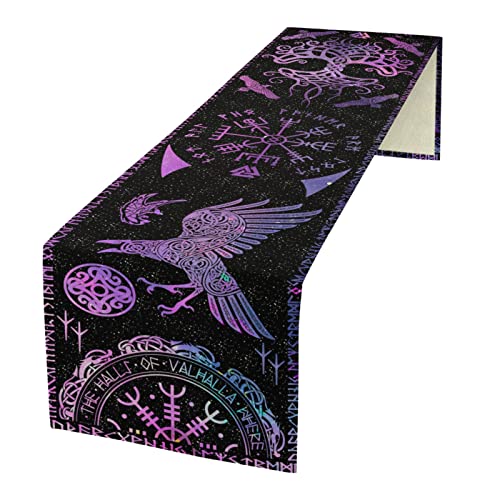 kikomia Baumwolle Leinen Tischläufer Rechteckige Wikinger Rabe Baum des Lebens Tischdecke für Hochzeit Urlaub Heimdekoration Wikinger Dekorativ Abdeckung Tischplatte (33×183cm, Purple) von kikomia