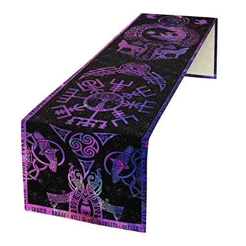 kikomia Baumwolle Leinen Tischläufer Rechteckige Wikinger Wolf Odin Raben Baum Couchtisch Esszimmertisch Schlafzimmer Party Urlaub (33×183cm, Purple) von kikomia